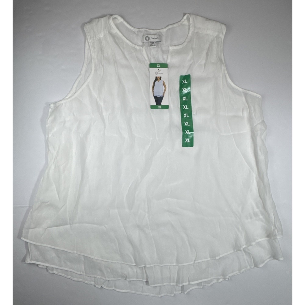 Cristina B Sleeveless Split Neck Tiered Hem Textured Blouse XL White New NWT